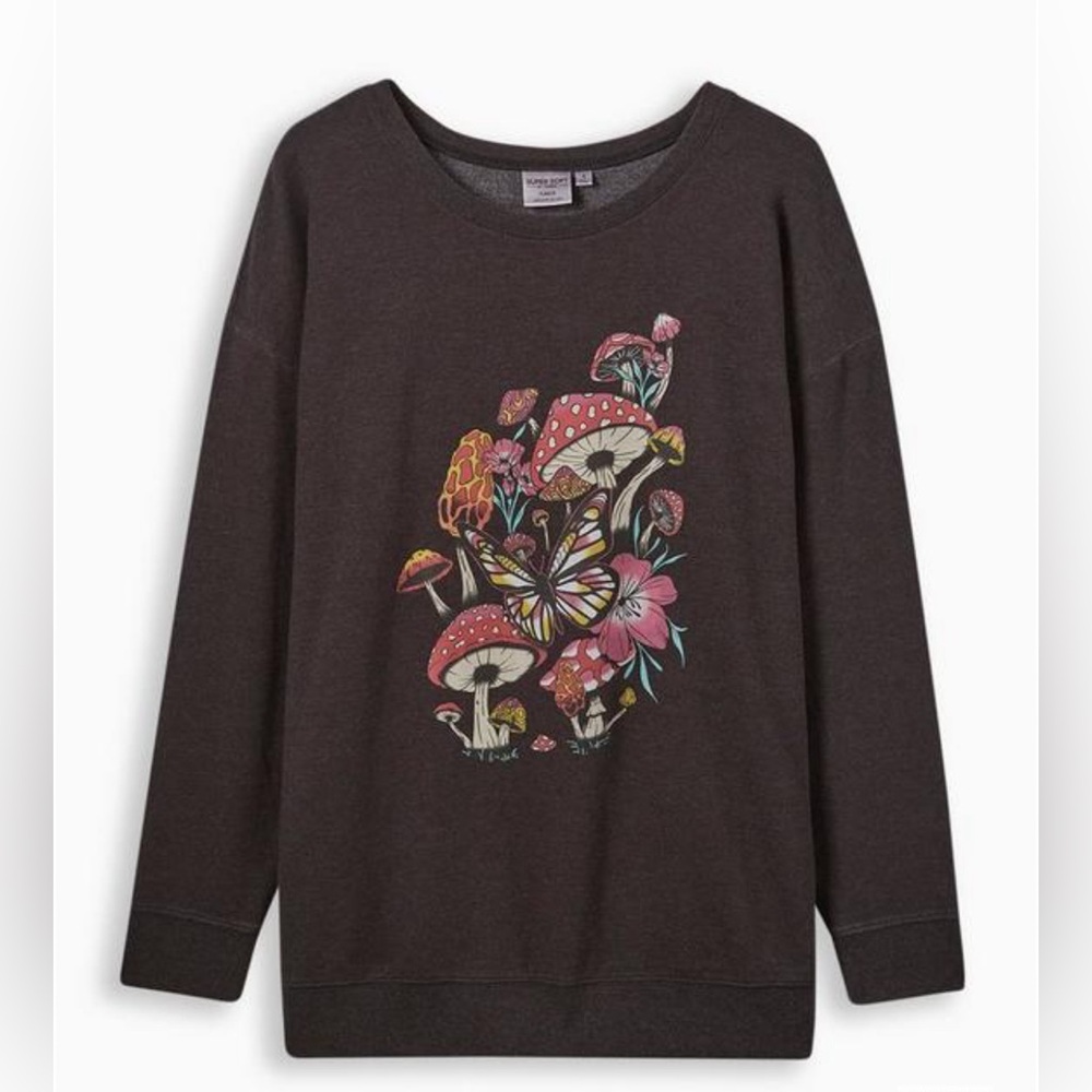 Torrid Size 1 Mushroom graphic crew neck Charcoal sweatshirt roomy and soft